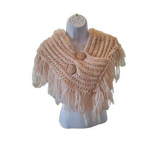 A and O Women Chunky Knit Shawl  Large Beige Fringe Wooden Button Warm Wrap Boho